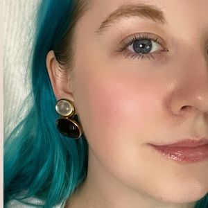 Vintage Double Round Clip On Earrings Black White Gold Gems